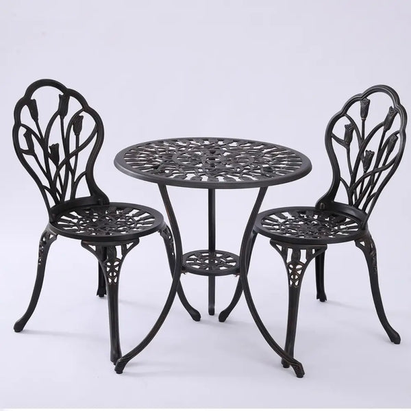 Black metal table and two chairs in 2 seater dominique cast aluminium bistro set