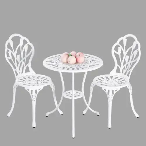 2 seater white cast aluminium patio set with table and chairs