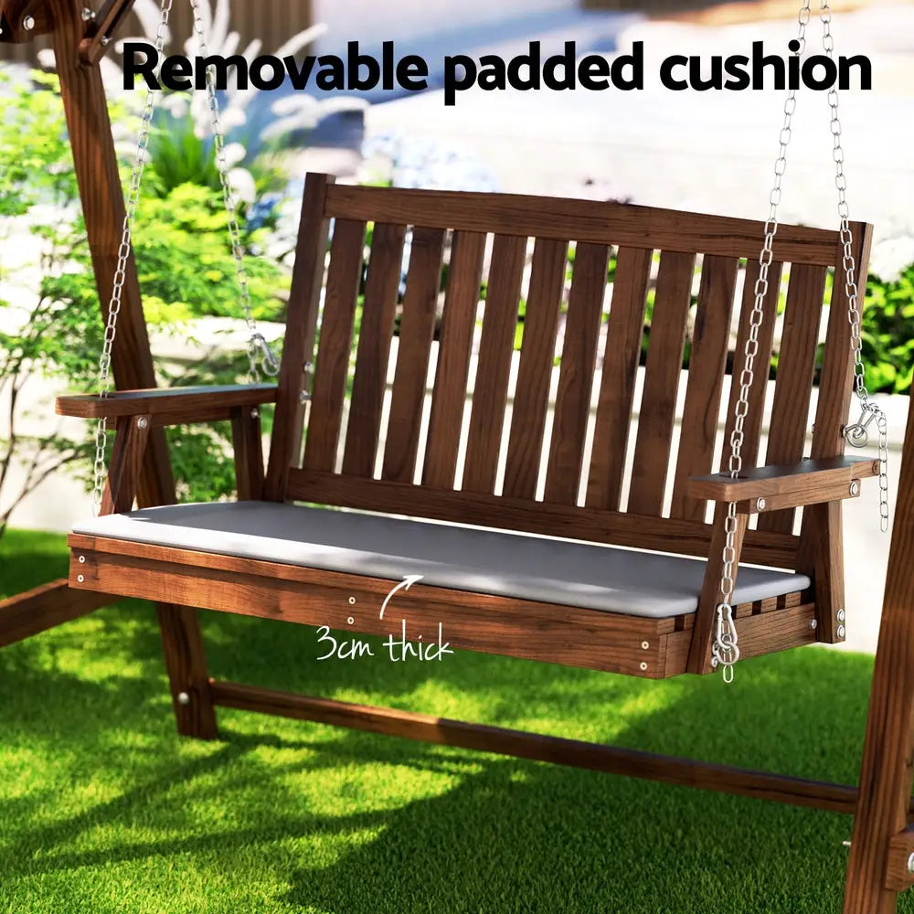 Outdoor 2 seater wooden canopy swing bench seat with cushion in charcoal and brown