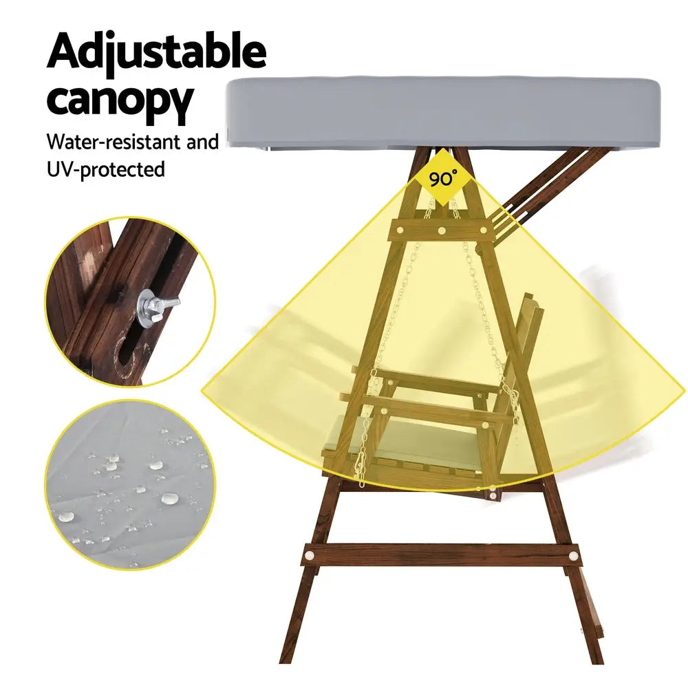 Fir wood gardeon canopy swing bench with yellow umbrella on yellow and white table