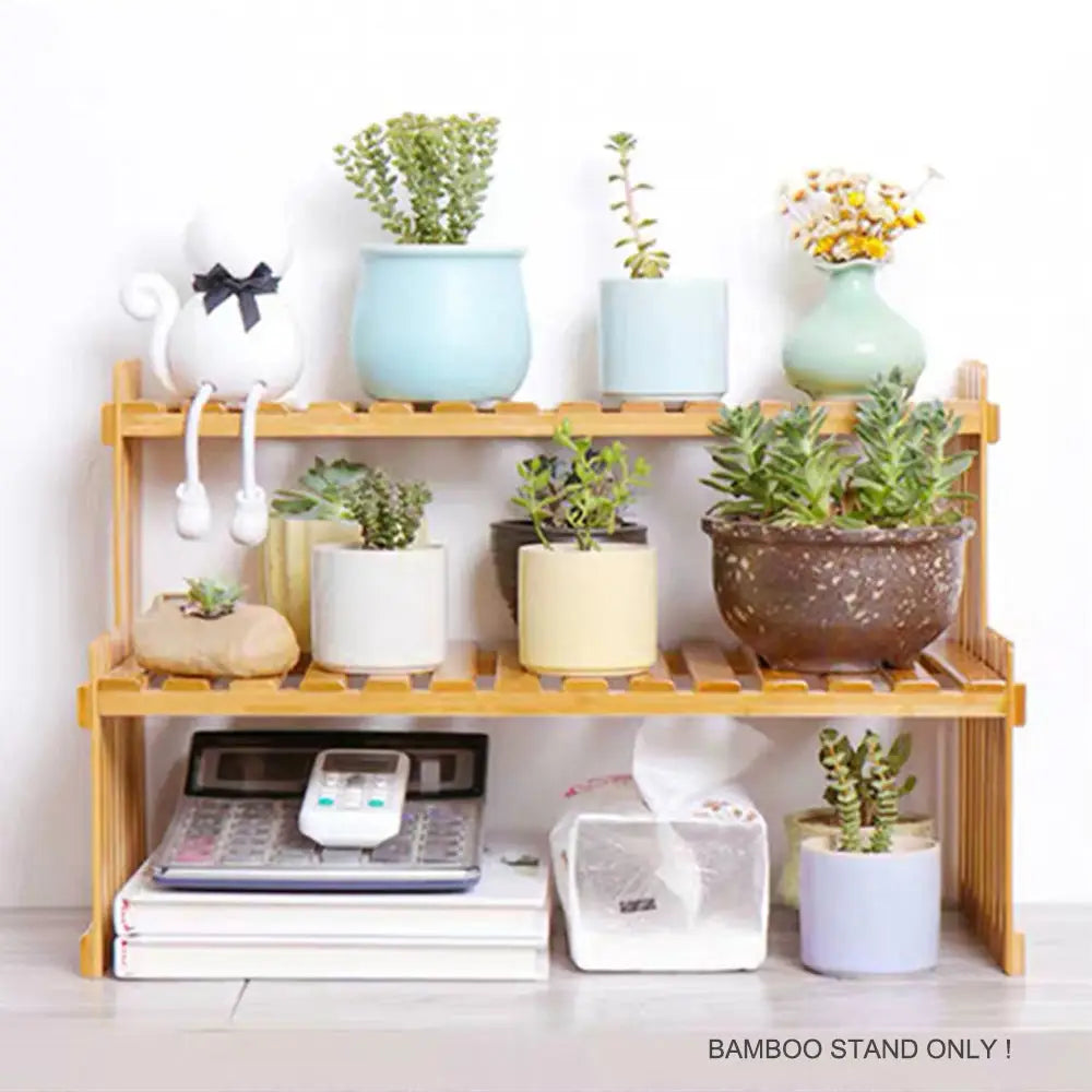 2 tier bamboo plant stand displaying various plants and phone on a shelf