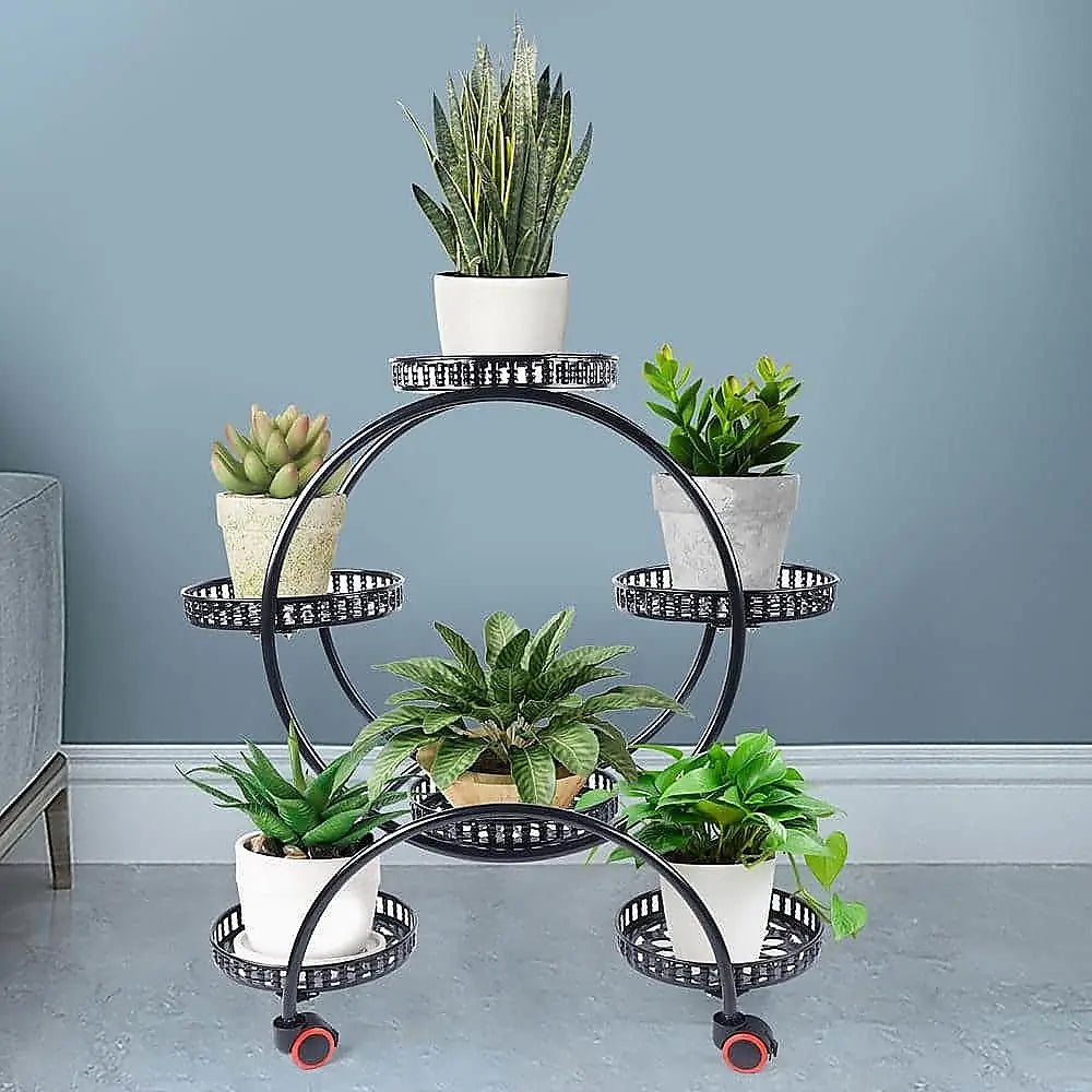 4 layer 6 pots flower holder plant stand shelf - black with 3 pots and 2 plants