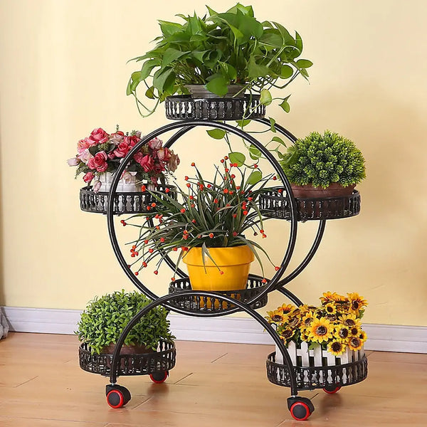 Attractive plant stand with wheel and pots - black shelf