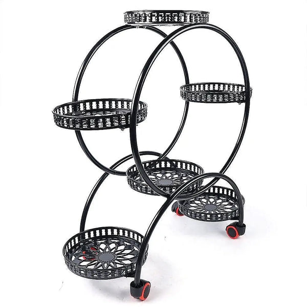3 black metal baskets on wheels - 4 layer 6 pots flower holder plant stand shelf - black