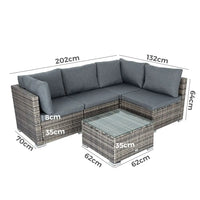 5 pc outdoor modular lounge sofa bondi - grey with beautiful wicker finish, showcasing dimensions