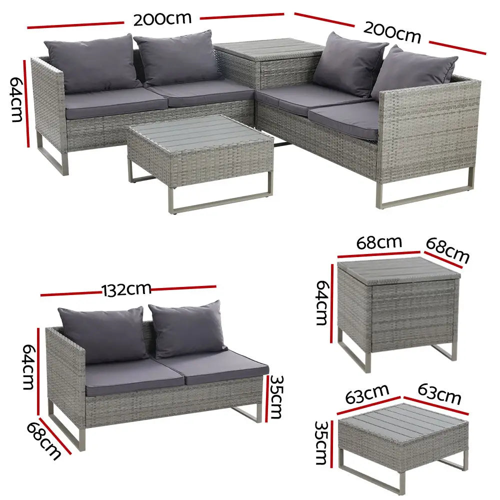 6 pc 4-seater outdoor sofa lounge set wicker - grey with uv-resistant pe wicker and grey cushions