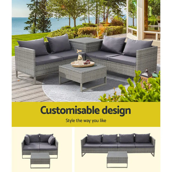 6 pc 4-seater outdoor sofa lounge set wicker - grey with corner table, uv-resistant pe wicker, gorgeous outdoor setting