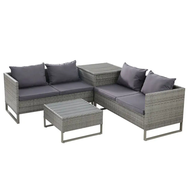 6 pc 4-seater outdoor sofa lounge set wicker - grey featuring a corner table and pillows