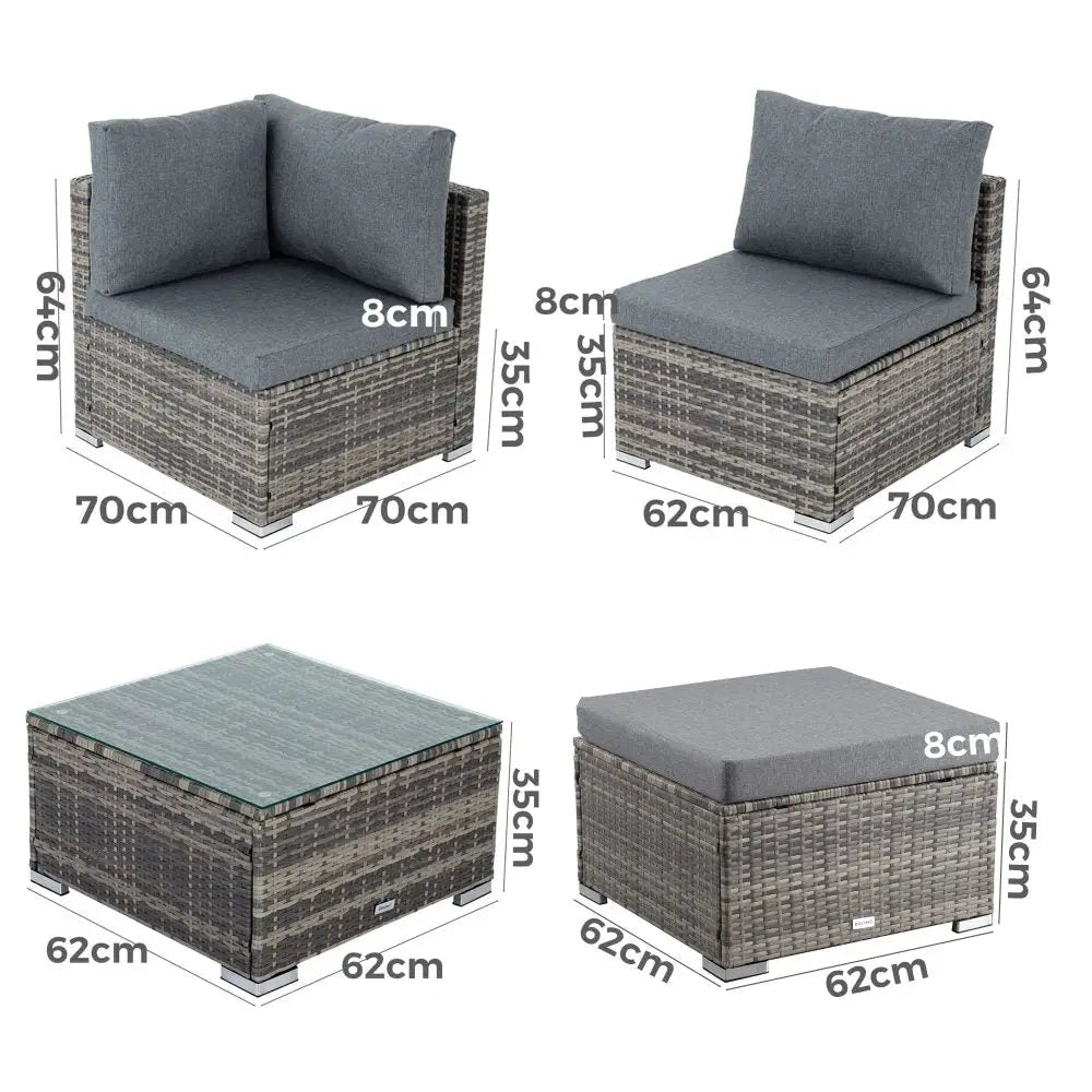 6pc outdoor modular wicker lounge set with ottoman - grey