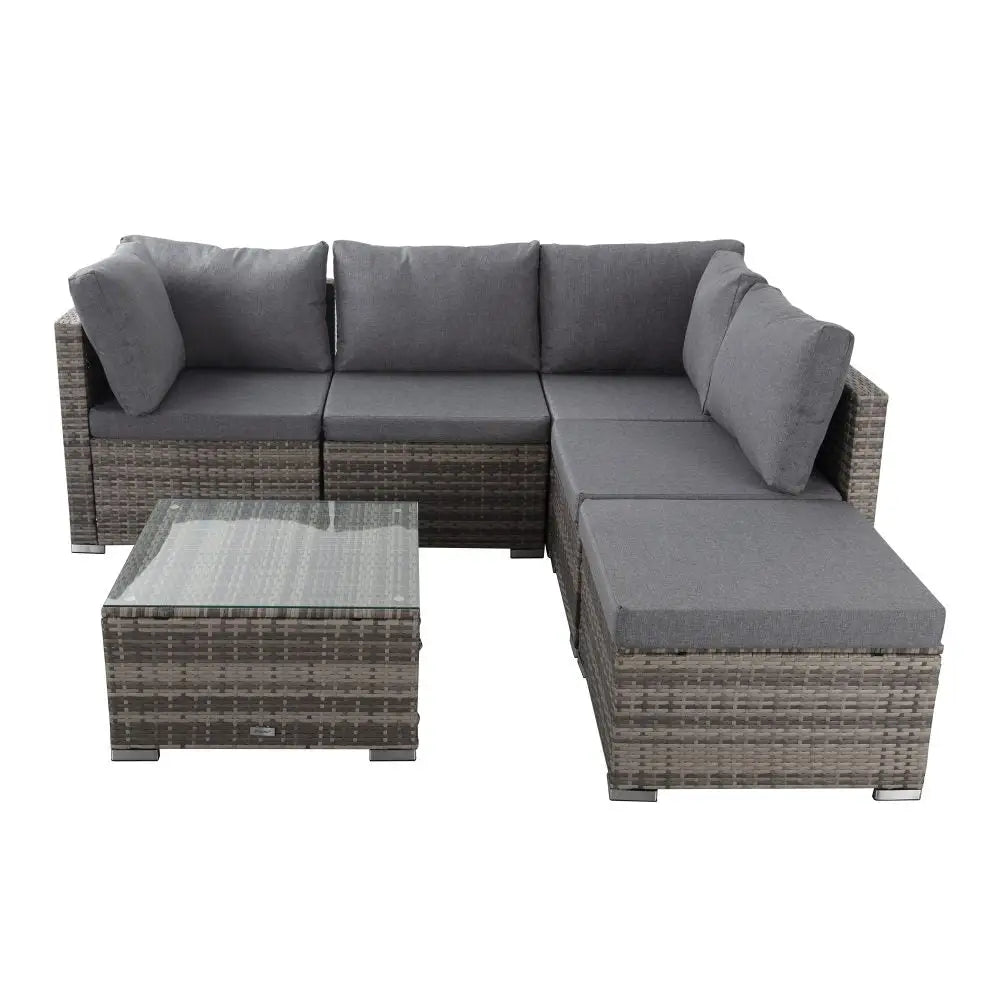 6pc outdoor modular sofa set with table and ottoman on white background