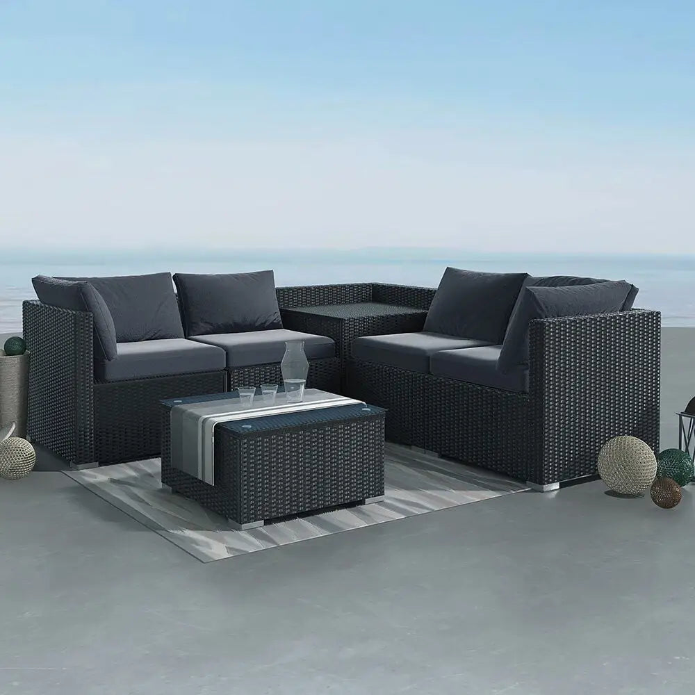 6pcs outdoor modular lounge sofa coogee - outdoor living furniture set with close up of couch and table on patio
