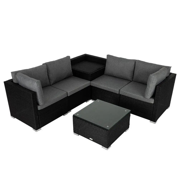 Outdoor living furniture set with couch and table on white background, 720mm x 720mm dimensions