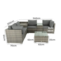 7pc outdoor wicker modular sofa setting with corner storage showcasing dimensions