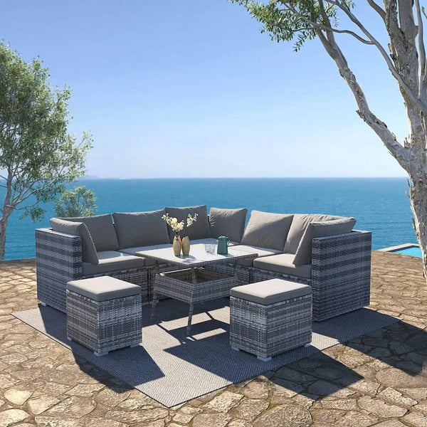 Outdoor dining set with wicker table and chairs - grey