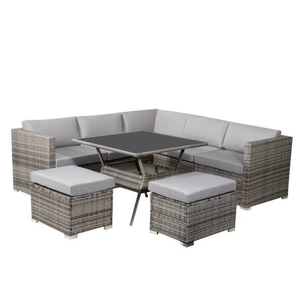 8pc outdoor dining set with wicker table and chairs - grey