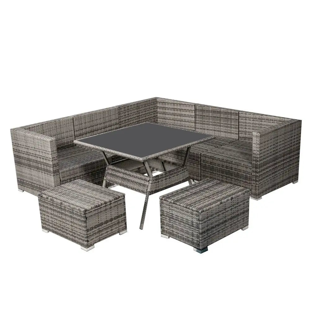 8pc outdoor dining set with wicker table and chairs - grey