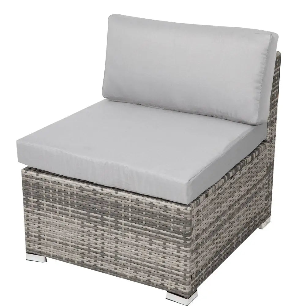 Gray wicker lounge chair with cushion in 8pc outdoor dining set with wicker table and chairs - grey