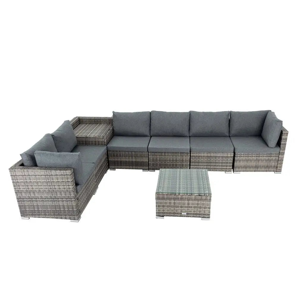 Outdoor modular lounge set with couch, ottoman, and coffee table