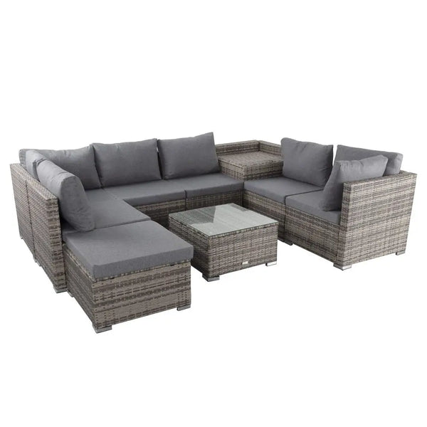 9pc modular outdoor wicker lounge set with ottoman on white background