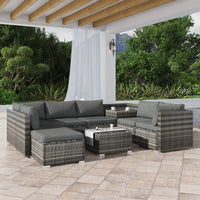 9pc modular outdoor wicker lounge set with ottoman on a patio