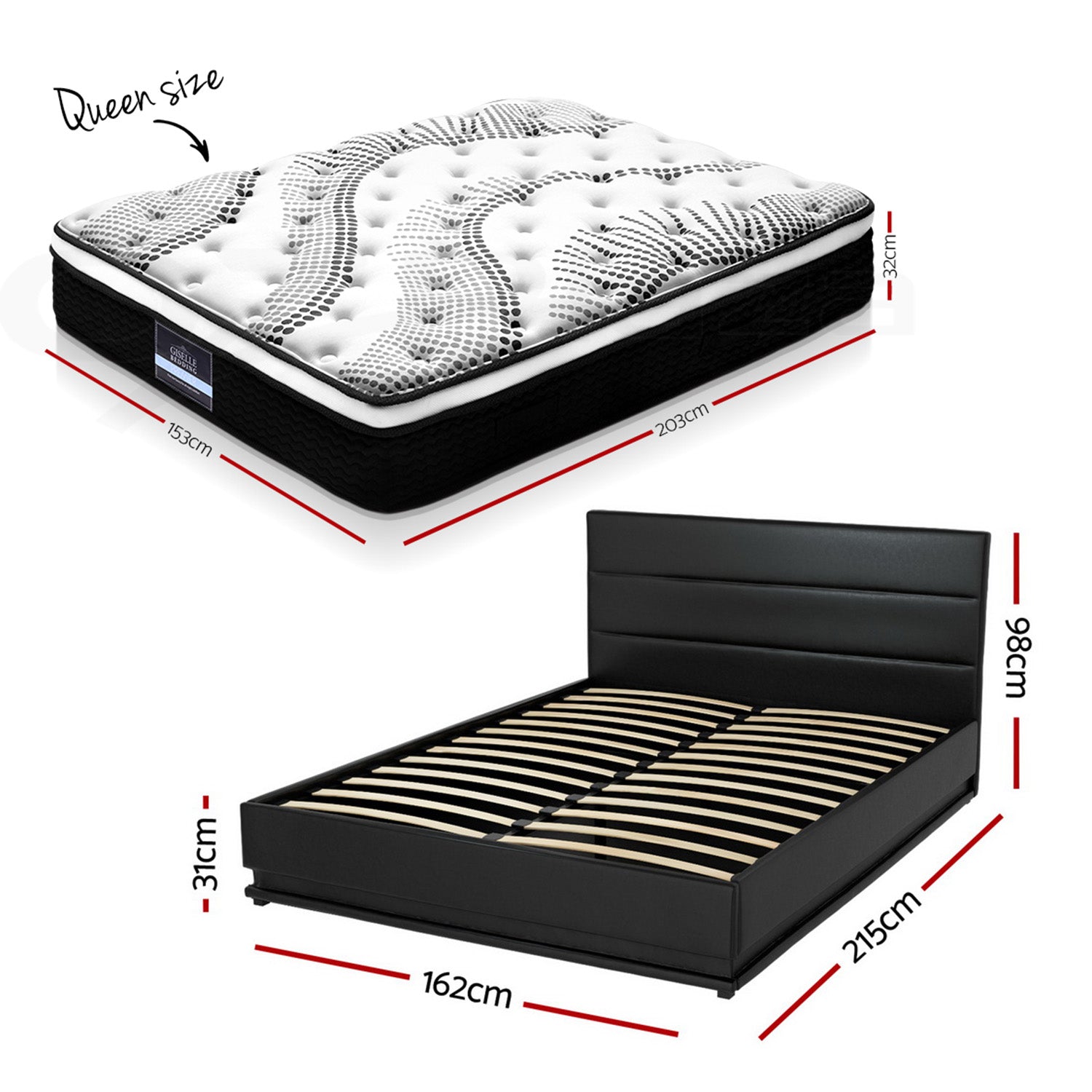 Queen Bed Frame with RGB LED Lights With 32cm Giselle Mattress Set