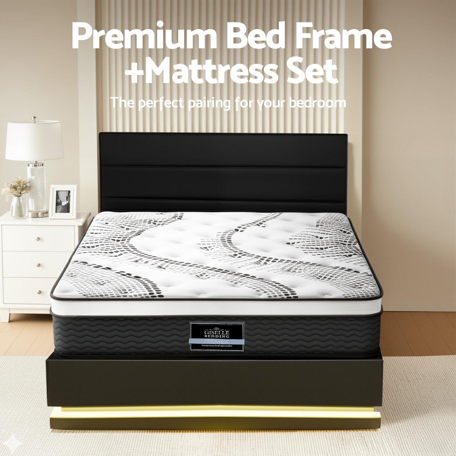 Queen Bed Frame with RGB LED Lights With 32cm Giselle Mattress Set