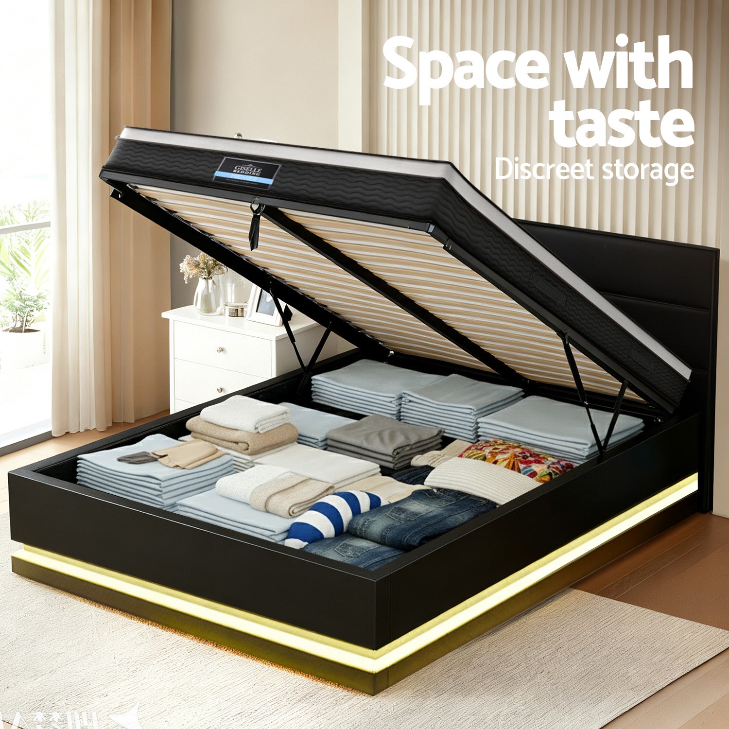 Queen Bed Frame with RGB LED Lights With 32cm Giselle Mattress Set