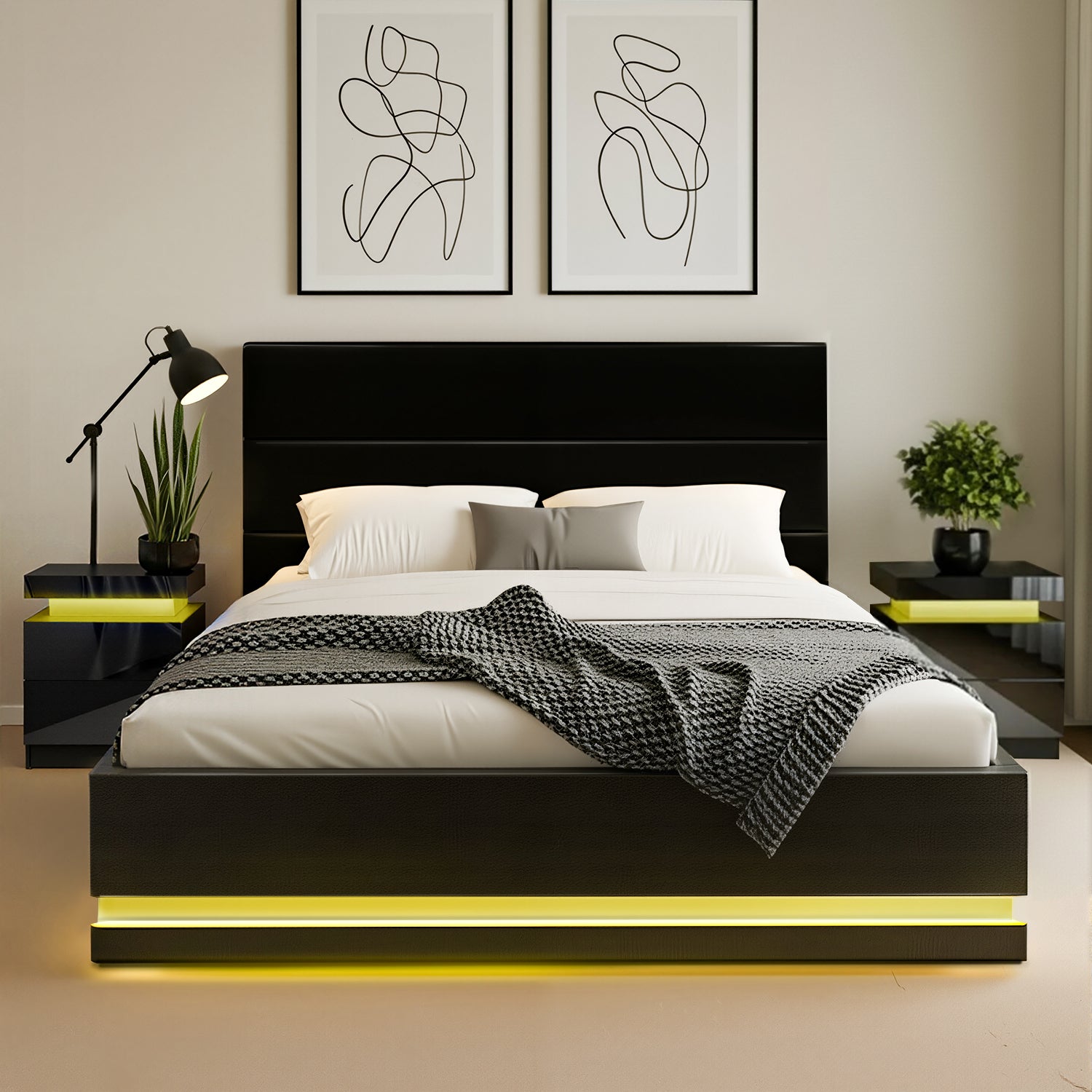 Modern bedroom with a black bed frame, white bedding, and yellow LED strip lights.