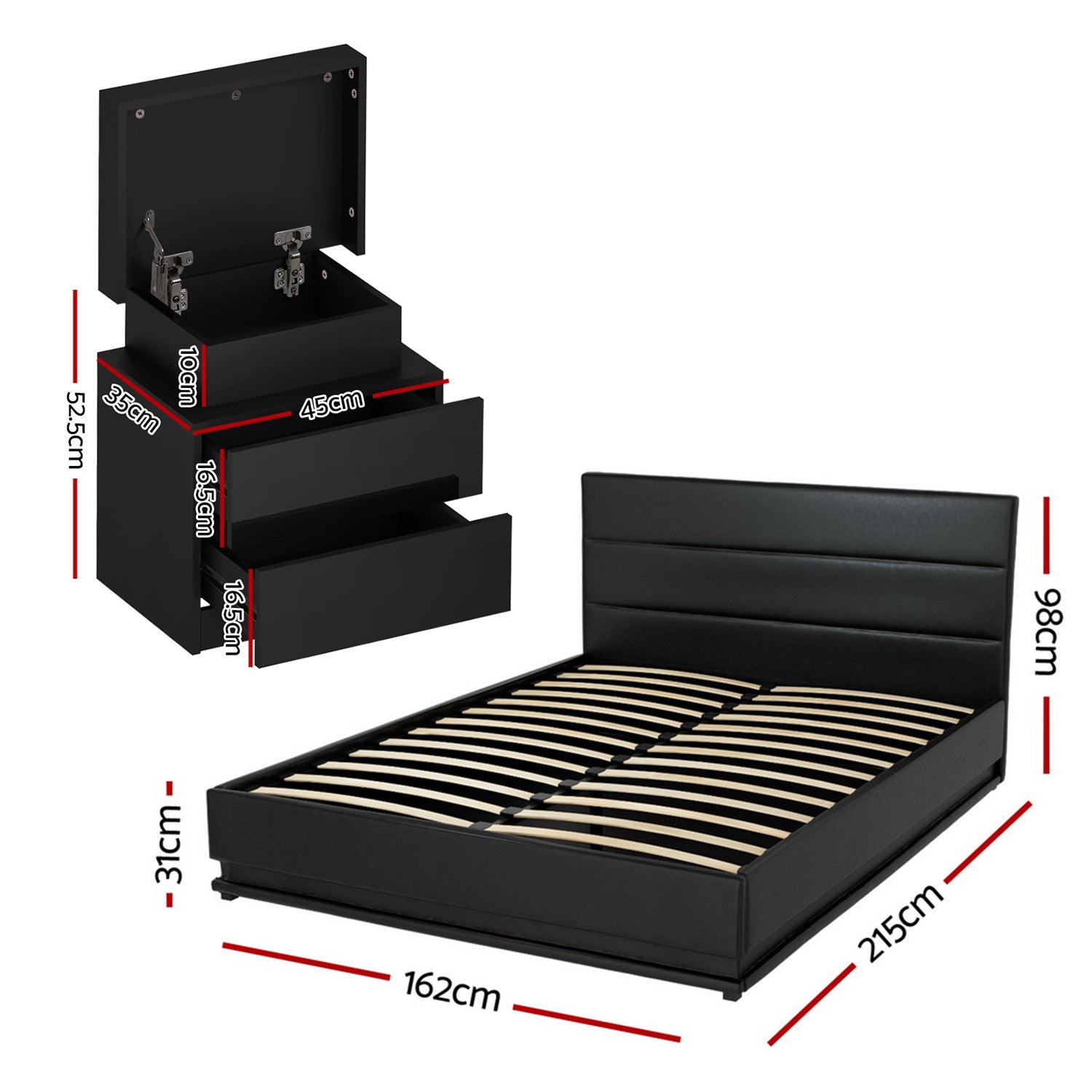 Queen Bed Frame With 2 Bedside Tables And Colour Lighting - Black