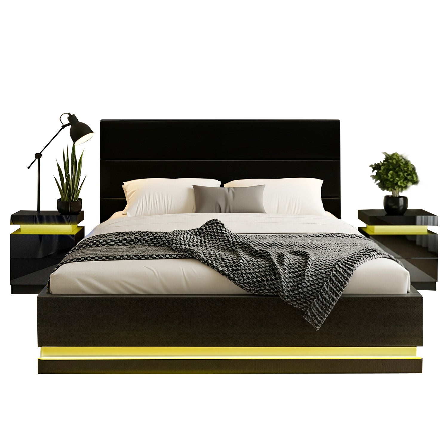 Queen Bed Frame With 2 Bedside Tables And Colour Lighting - Black