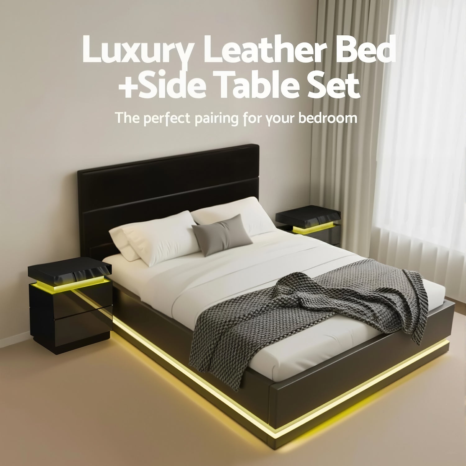 Queen Bed Frame With 2 Bedside Tables And Colour Lighting - Black