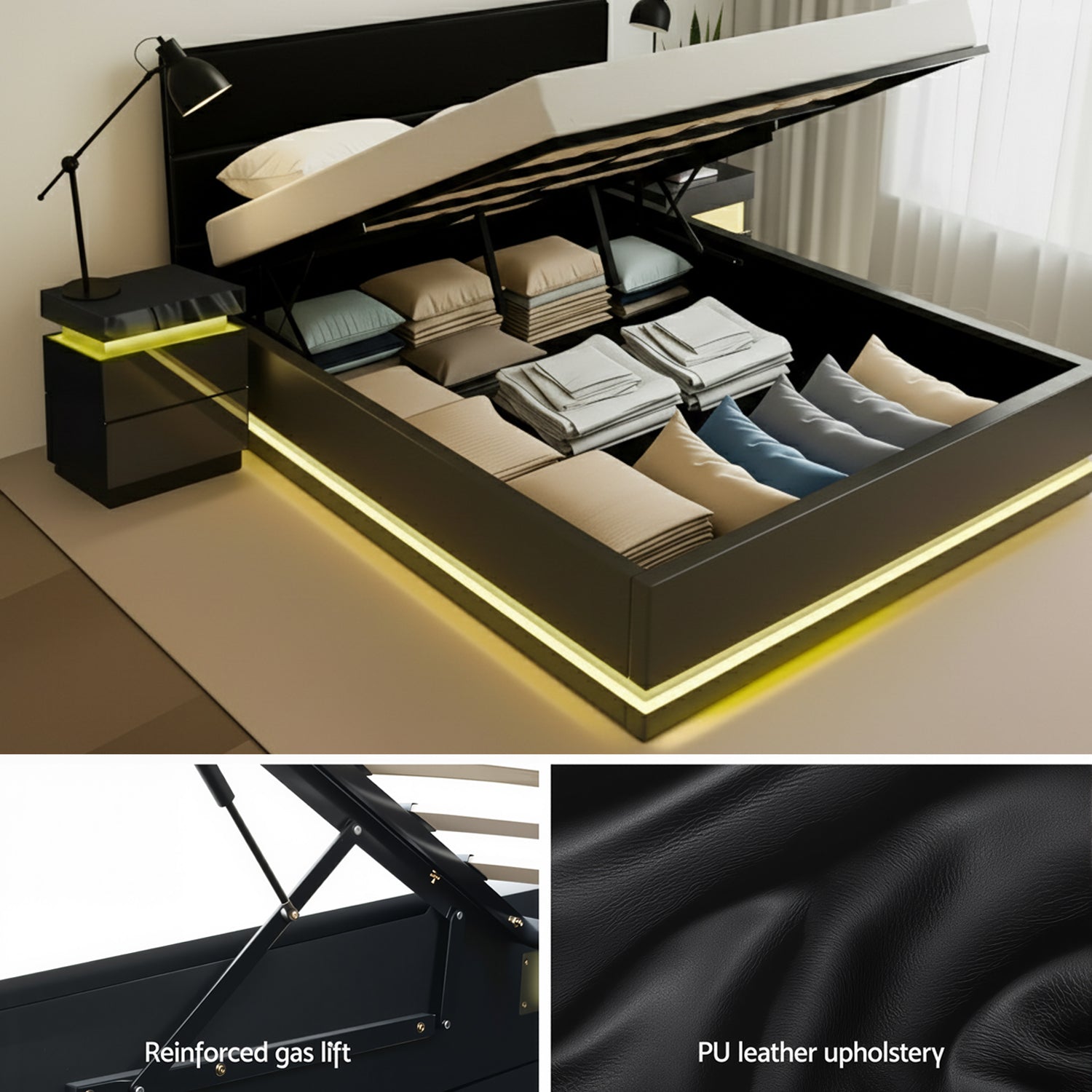 Queen Bed Frame With 2 Bedside Tables And Colour Lighting - Black