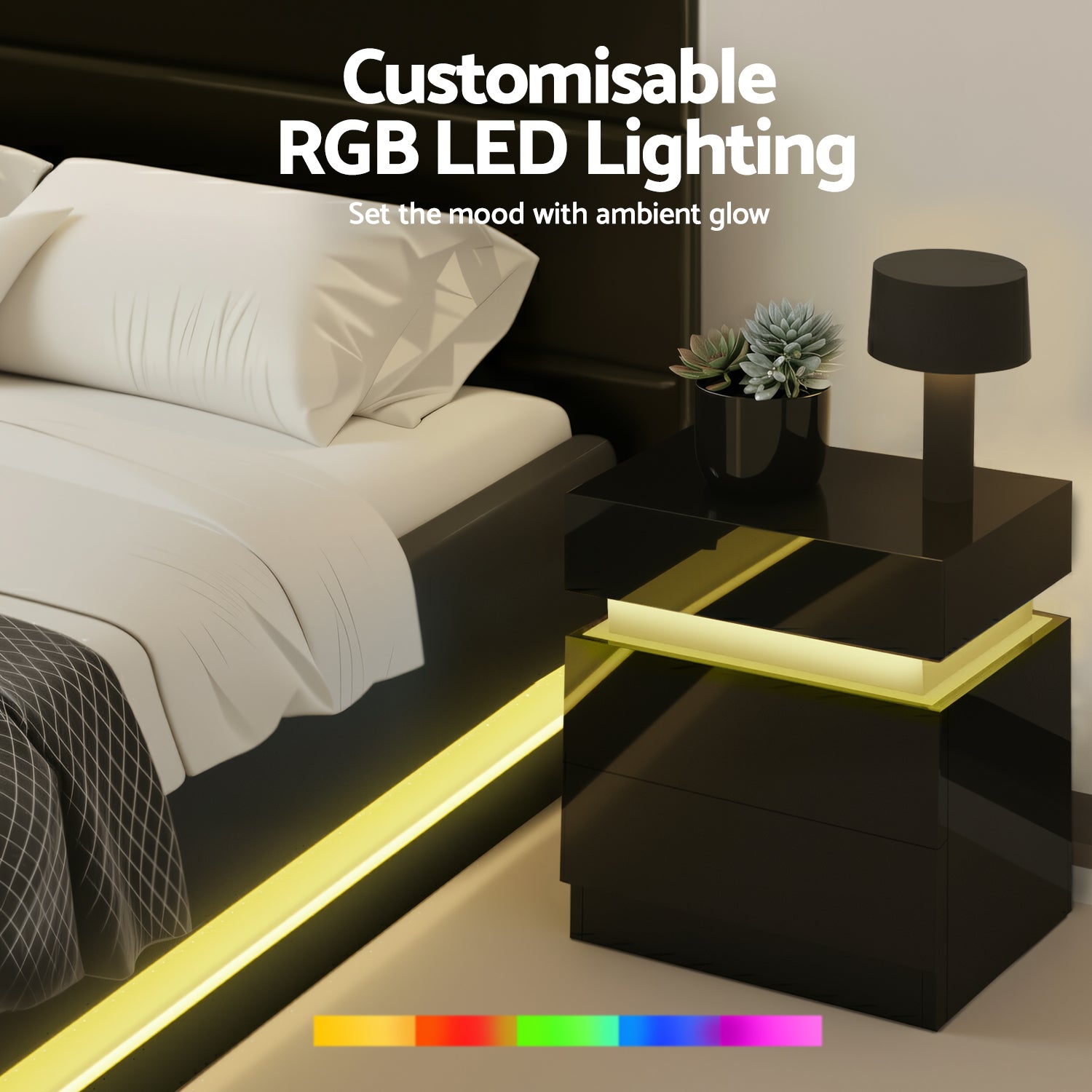 Queen Bed Frame With 2 Bedside Tables And Colour Lighting - Black