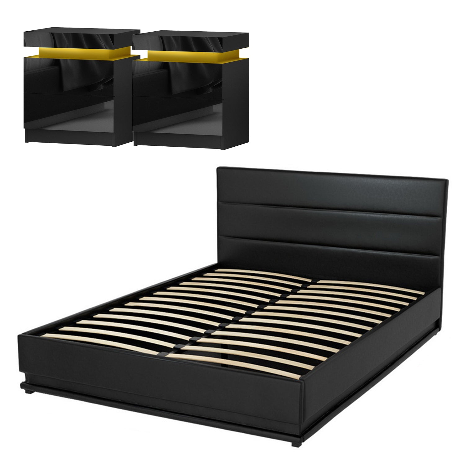 Queen Bed Frame With 2 Bedside Tables And Colour Lighting - Black