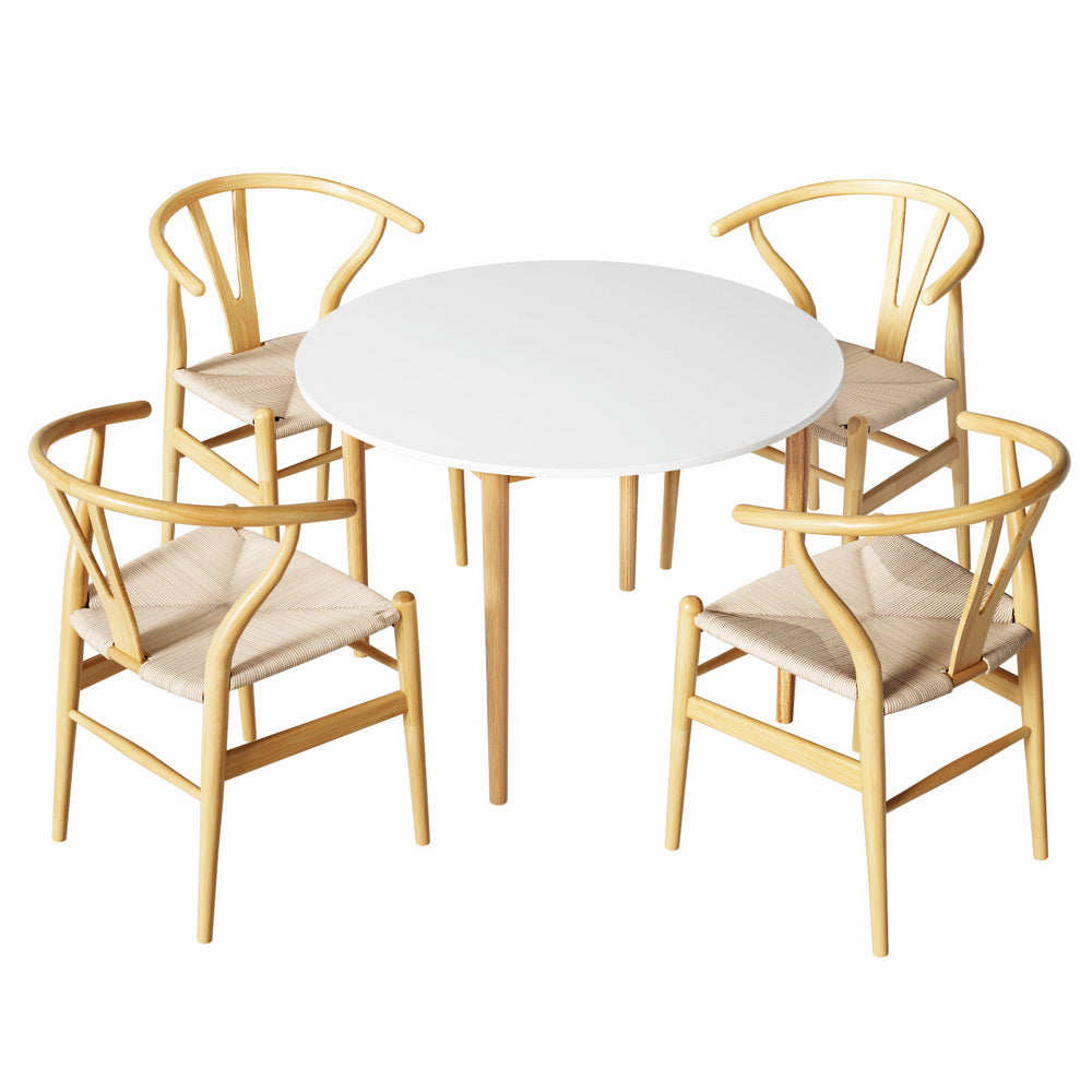 Round Wooden Dining Table With 4 Chairs - White & Natural