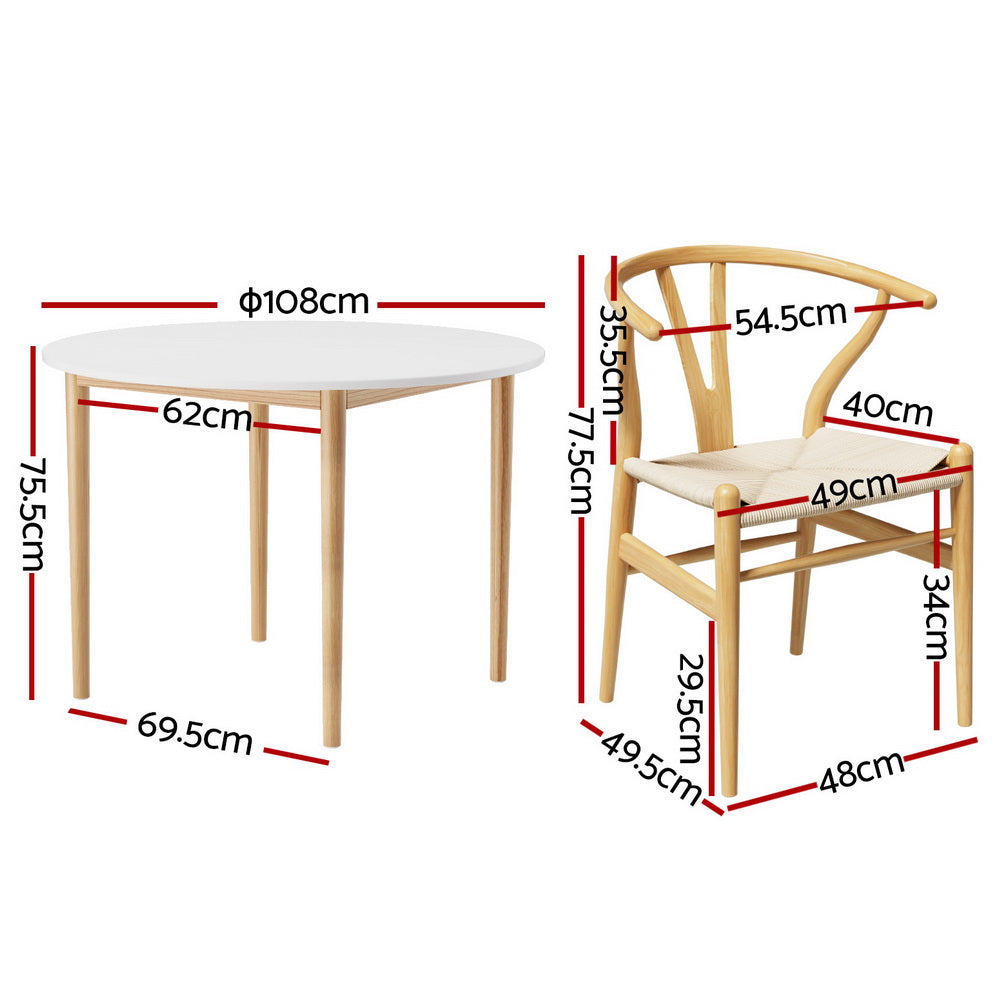 Round Wooden Dining Table With 4 Chairs - White & Natural