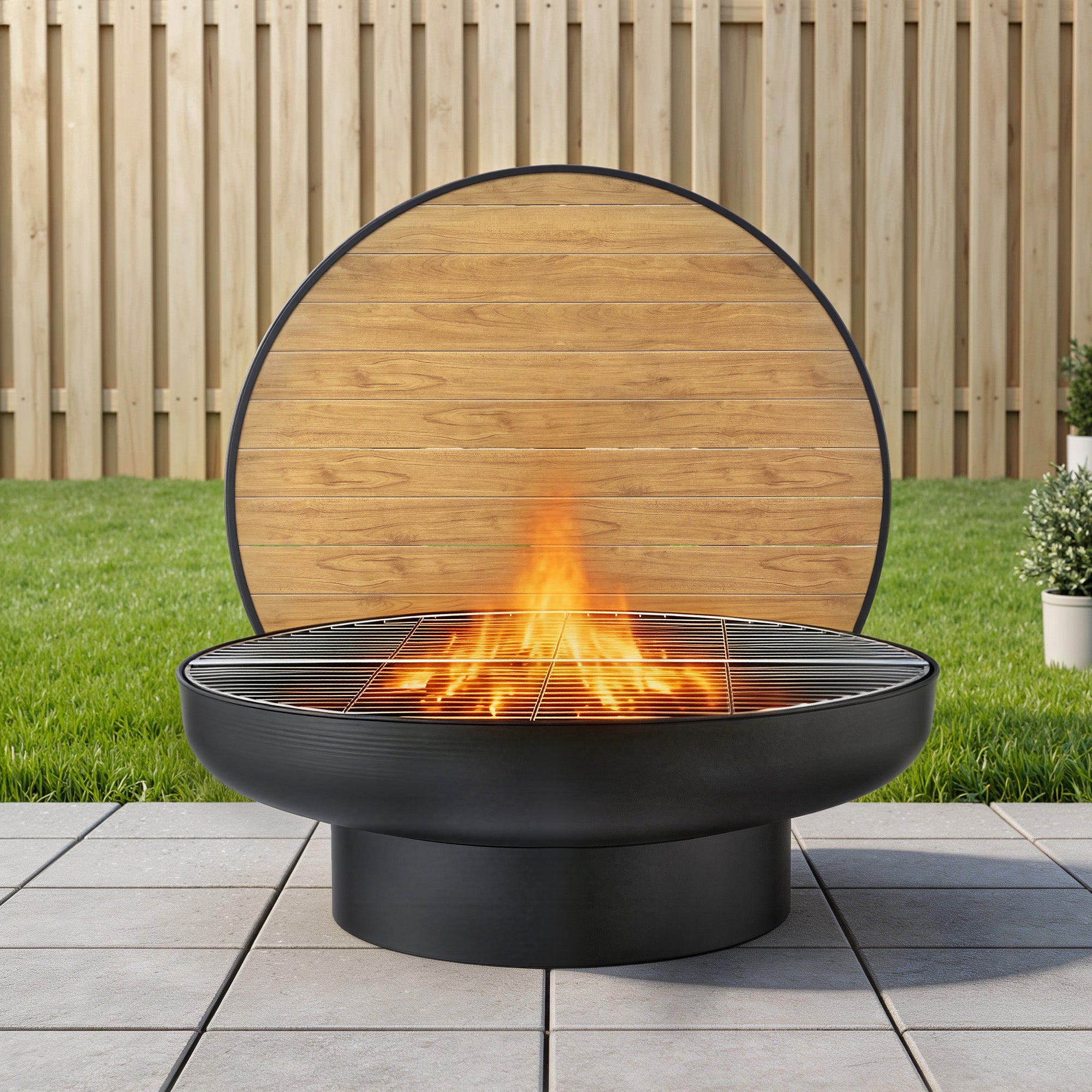 Black fire pit with wooden cover on a patio