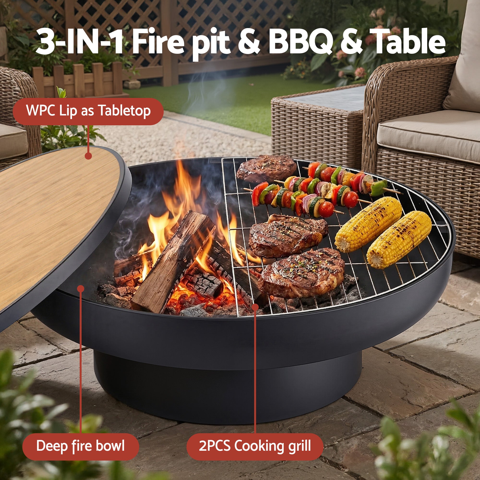 Multi-Use Fire Pit Table with Lid & BBQ Grill