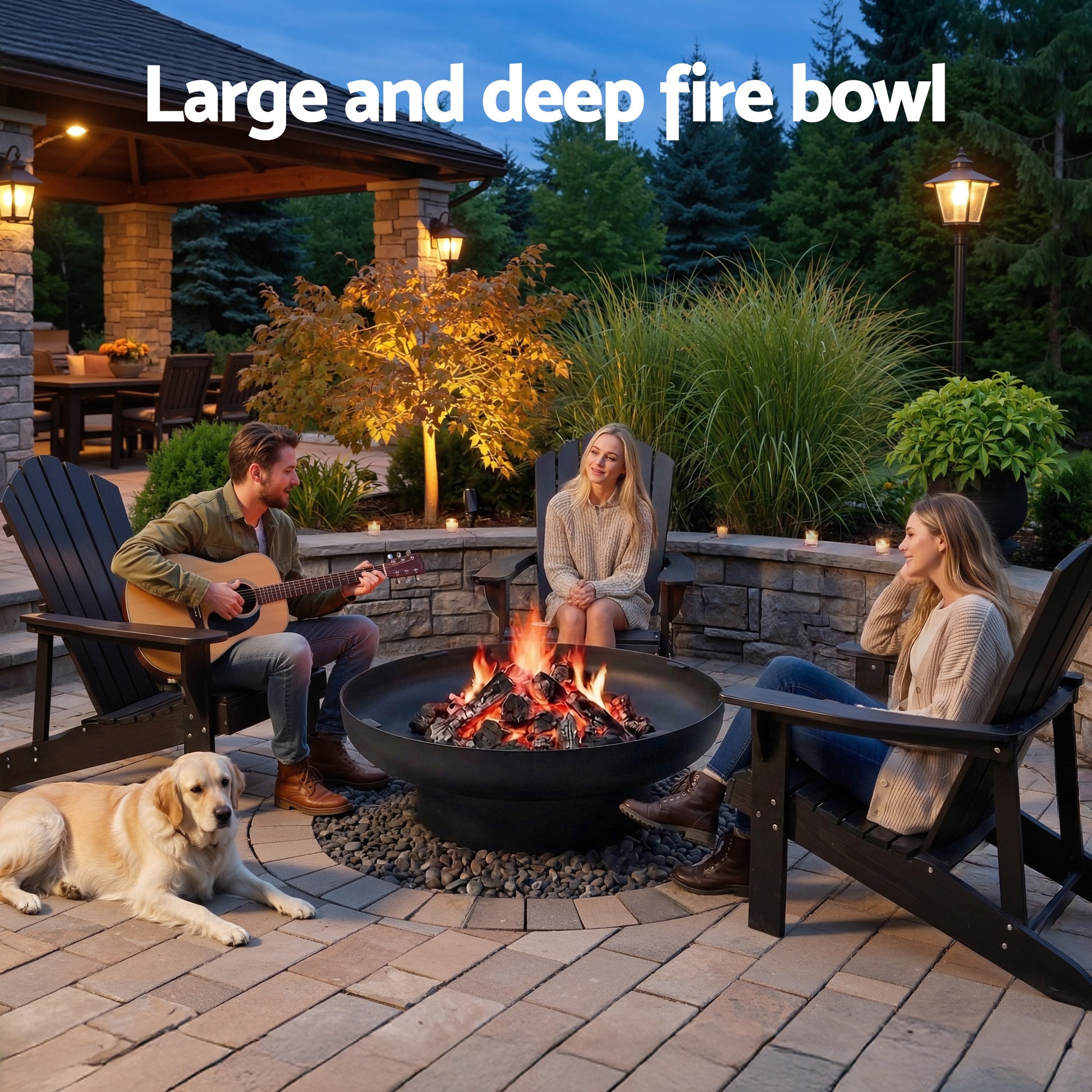 People sitting around a large fire bowl in an outdoor setting with a dog.