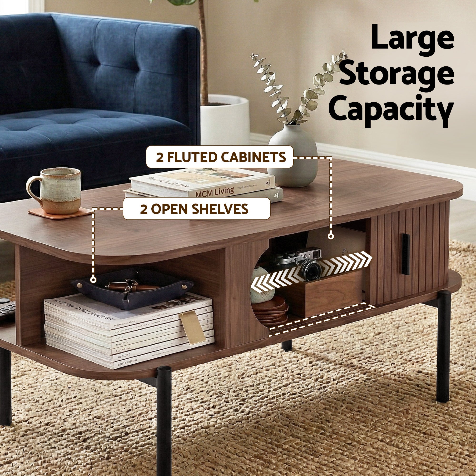 Modern Style Coffee Table With Shelf - Walnut Colour