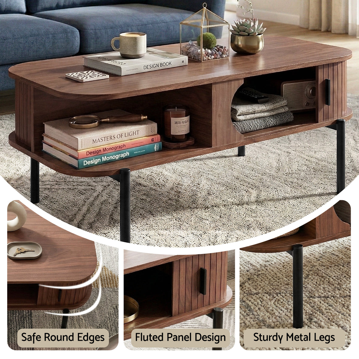 Modern Style Coffee Table With Shelf - Walnut Colour