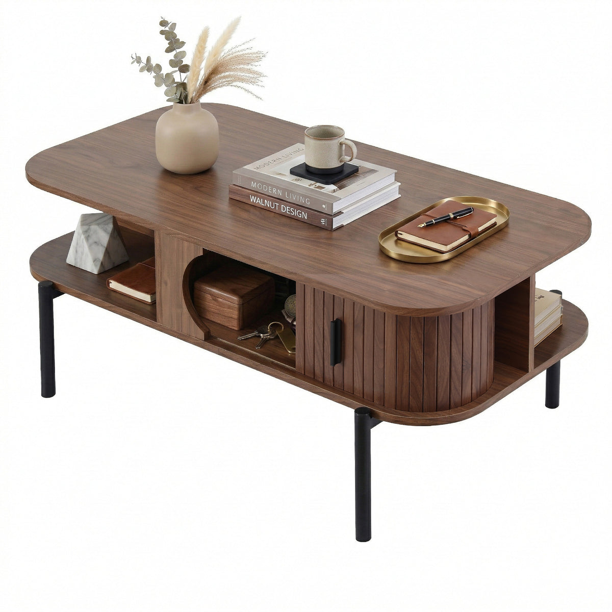 Modern Style Coffee Table With Shelf - Walnut Colour