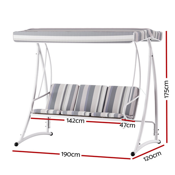 Gardeon Outdoor Swing Chair Garden Bench Canopy 3 Seater - White & Grey