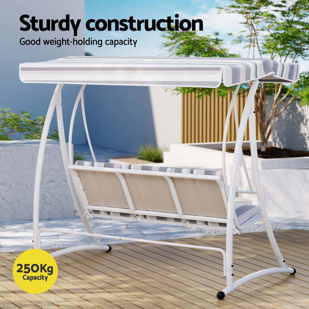 Gardeon Outdoor Swing Chair Garden Bench Canopy 3 Seater - White & Grey
