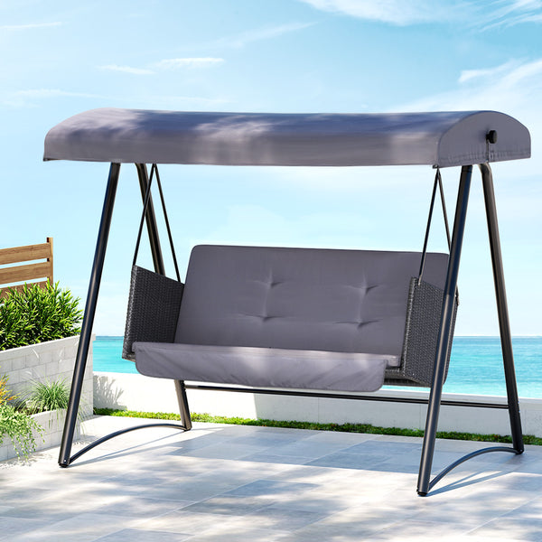 Gardeon Outdoor Swing Chair Canopy 3 Seater Rattan - Grey