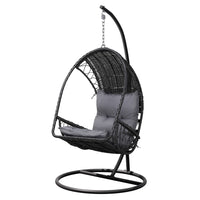 Gardeon Wicker Egg Swing Chair with Steel Stand and Armrests - Light Grey or Black