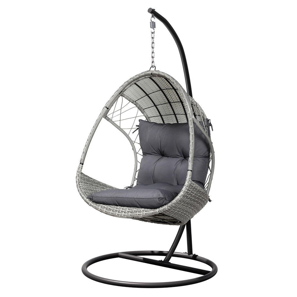 Wicker Egg Swing Chair with Steel Stand and Armrests - Light Grey or Black