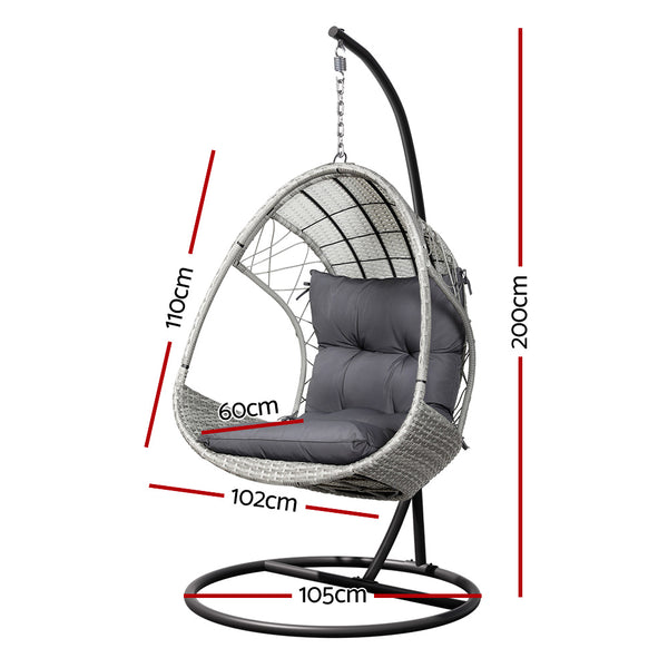 Wicker Egg Swing Chair with Steel Stand and Armrests - Light Grey or Black