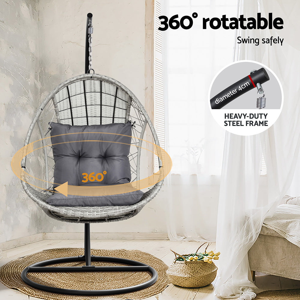 Wicker Egg Swing Chair with Steel Stand and Armrests - Light Grey or Black