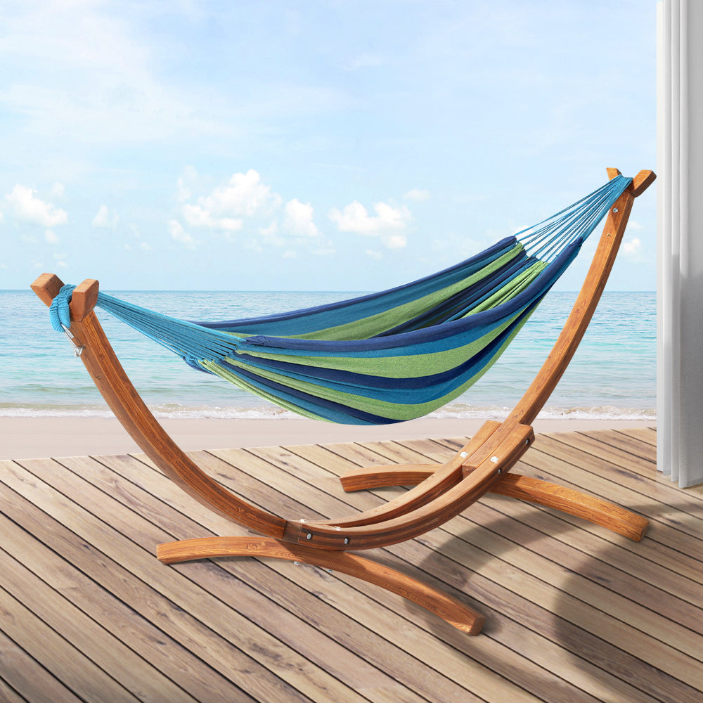 Gardeon hammock bed outdoor camping timber wooden stand - blue 3
